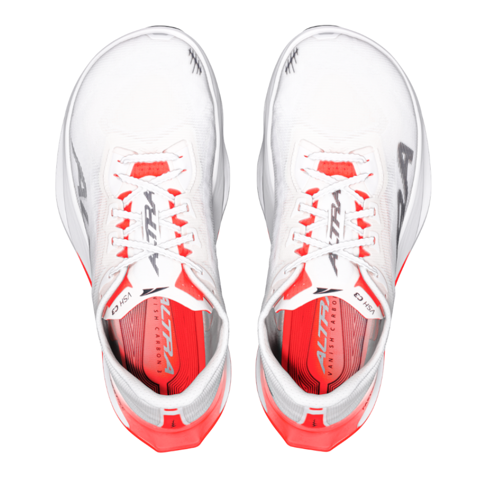 Up & Running Altra Women's Vanish Carbon 3 running shoes in white, black, and fiery coral, top-down view.