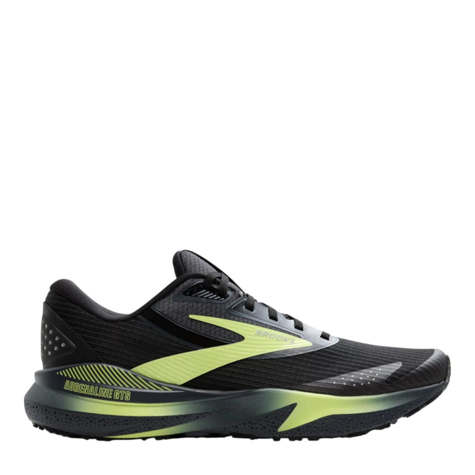 Up & Running Brooks Adrenaline GTS 24 weatherized running shoe in black and yellow with nitrogen-infused foam sole
