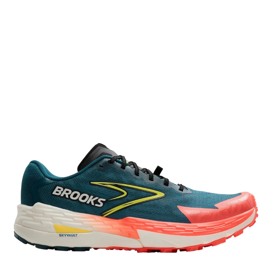 Up & Running Brooks Men's Catamount 4 trail running shoes in legion blue, celestial, and flame orange with toe guard.