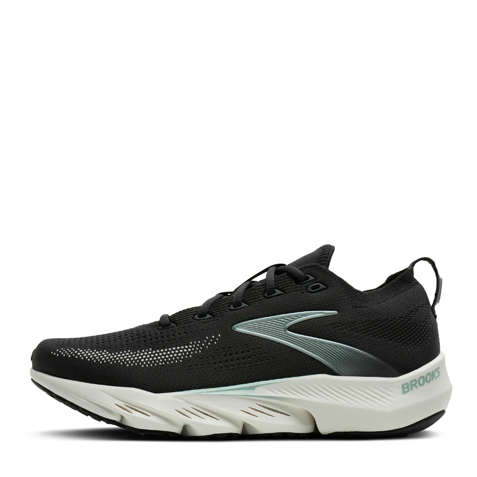 Up & Running Brooks Men's Glycerin Flex running shoe in black and coconut with DNA TUNED cushioning and knit upper.