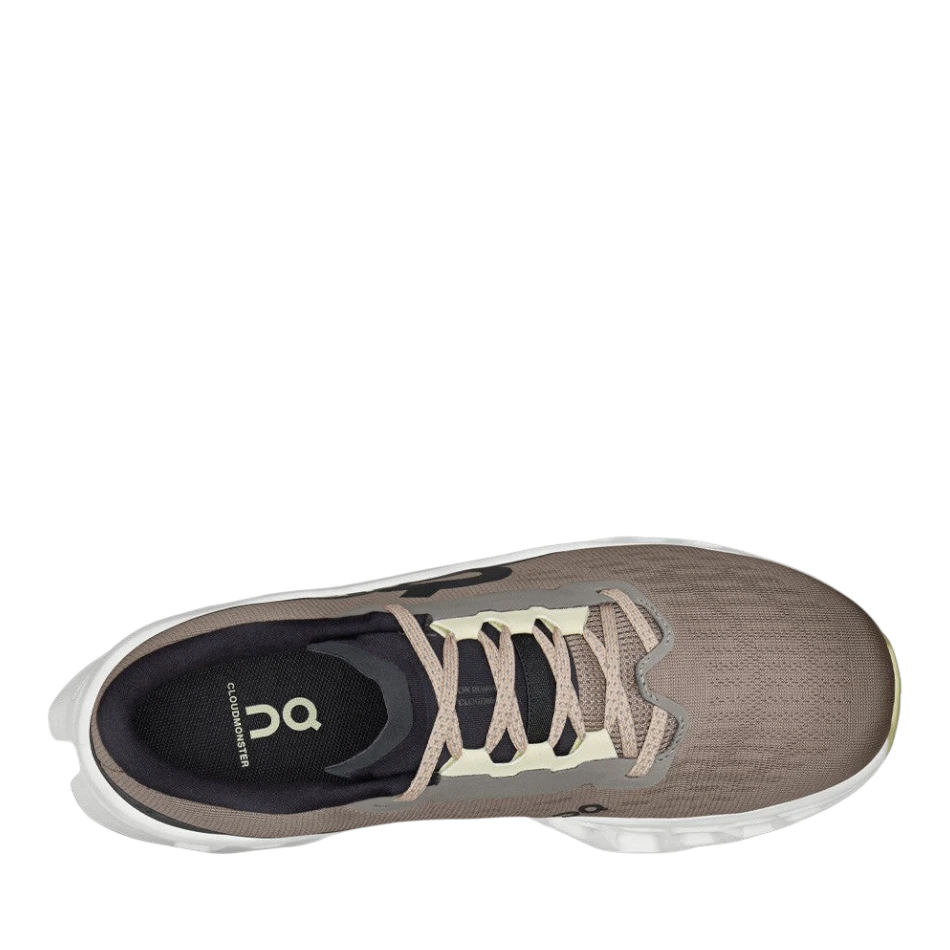 Up & Running On Women's Cloudmonster 3 running shoes in cinder and ivory with mesh upper and lace guard