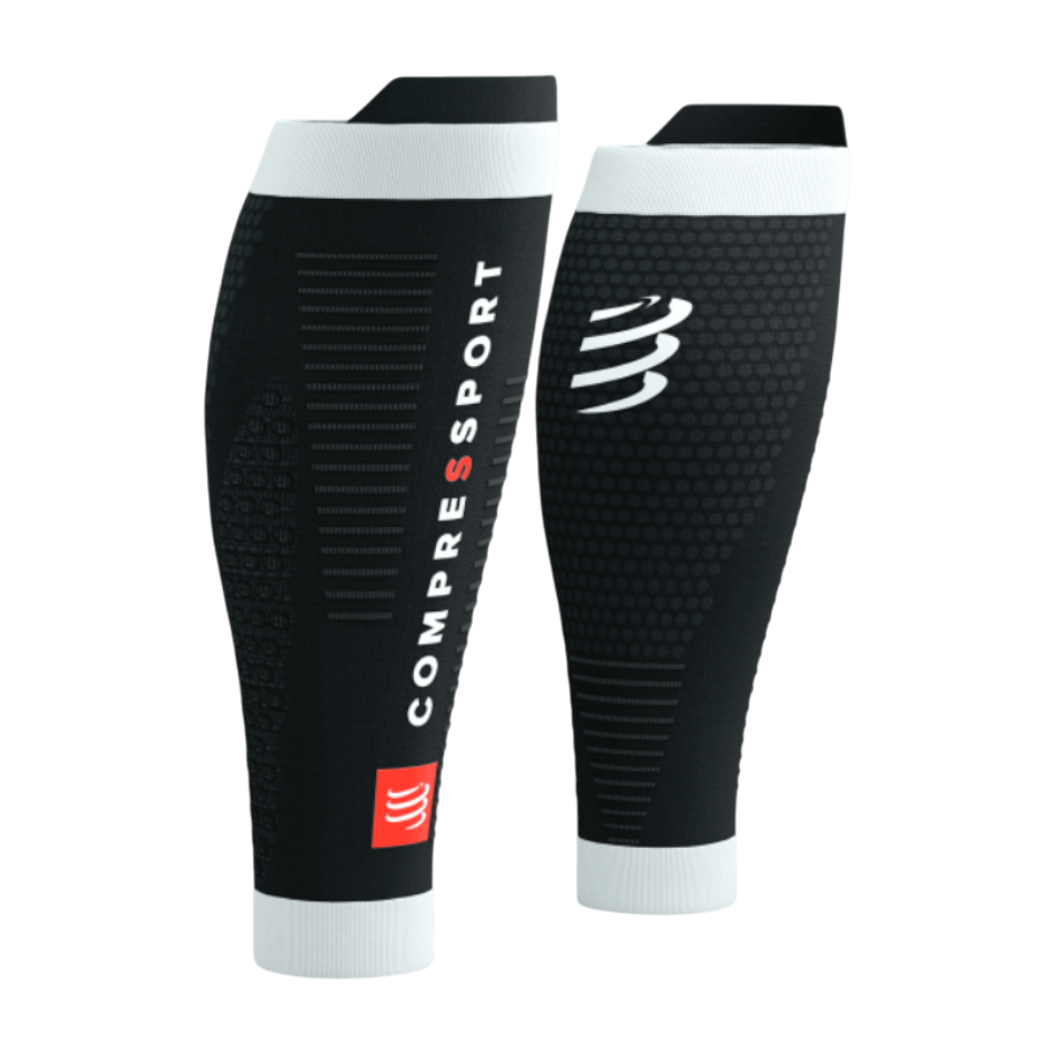 Up & Running Compressport R2 3.0 black and white compression calf sleeves with waffle knit and reflective logo