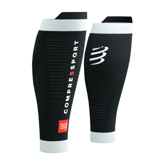 Up & Running Compressport R2 3.0 black and white compression calf sleeves with waffle knit and reflective logo