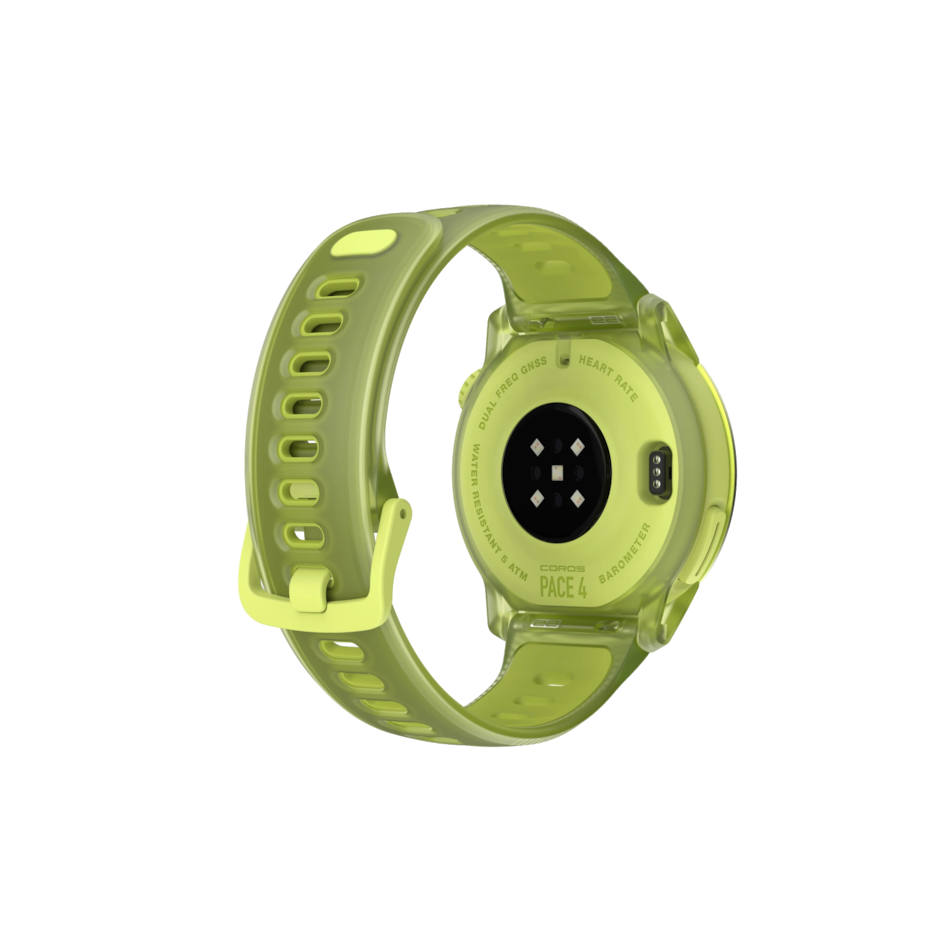 Up & Running Coros Pace 4 GPS sport watch in neon yellow, showing the back sensor array and translucent silicone band.
