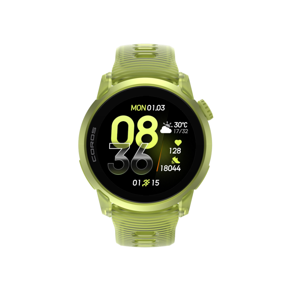 Up & Running Coros Pace 4 GPS sport watch in neon yellow with a vibrant AMOLED touchscreen display
