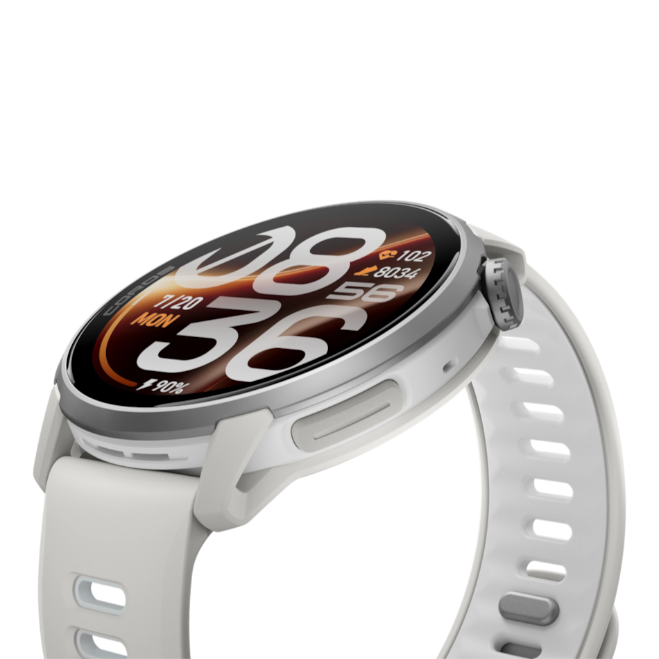Up & Running Coros Pace 4 Pro GPS sport watch in white with a digital display and silicone strap, side angle view.