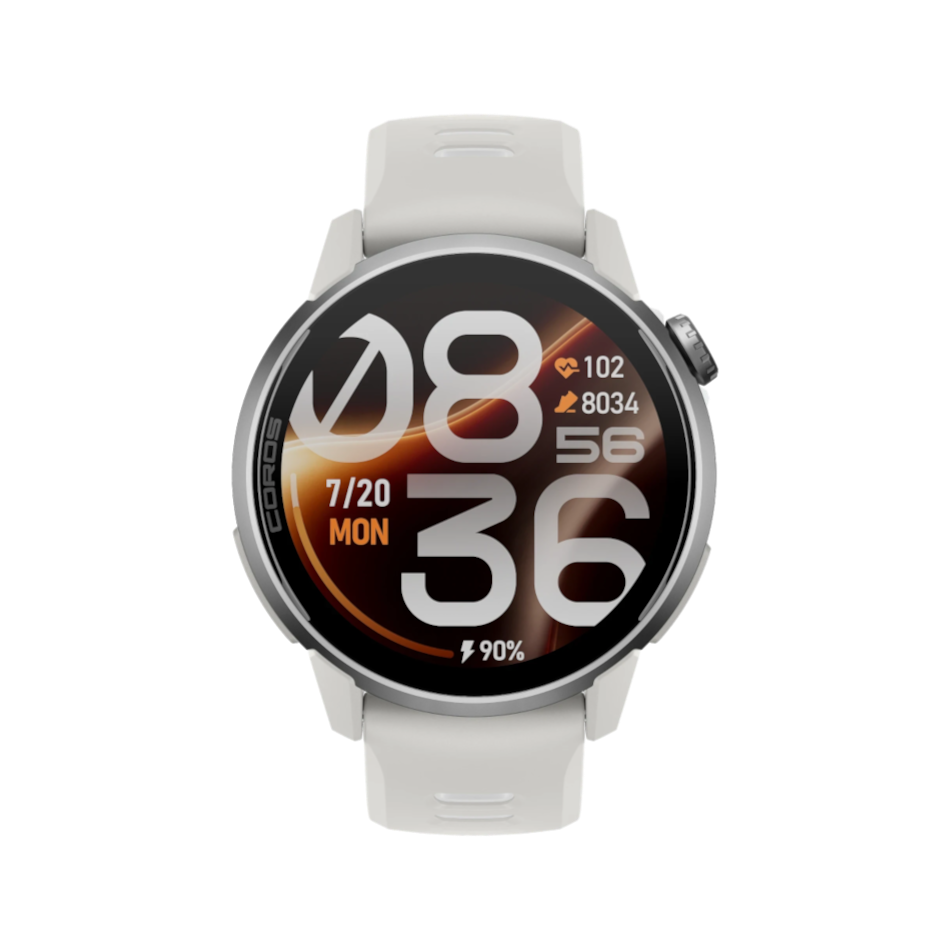 Up & Running Coros Pace 4 Pro GPS sport watch in white with a digital display showing time and fitness metrics