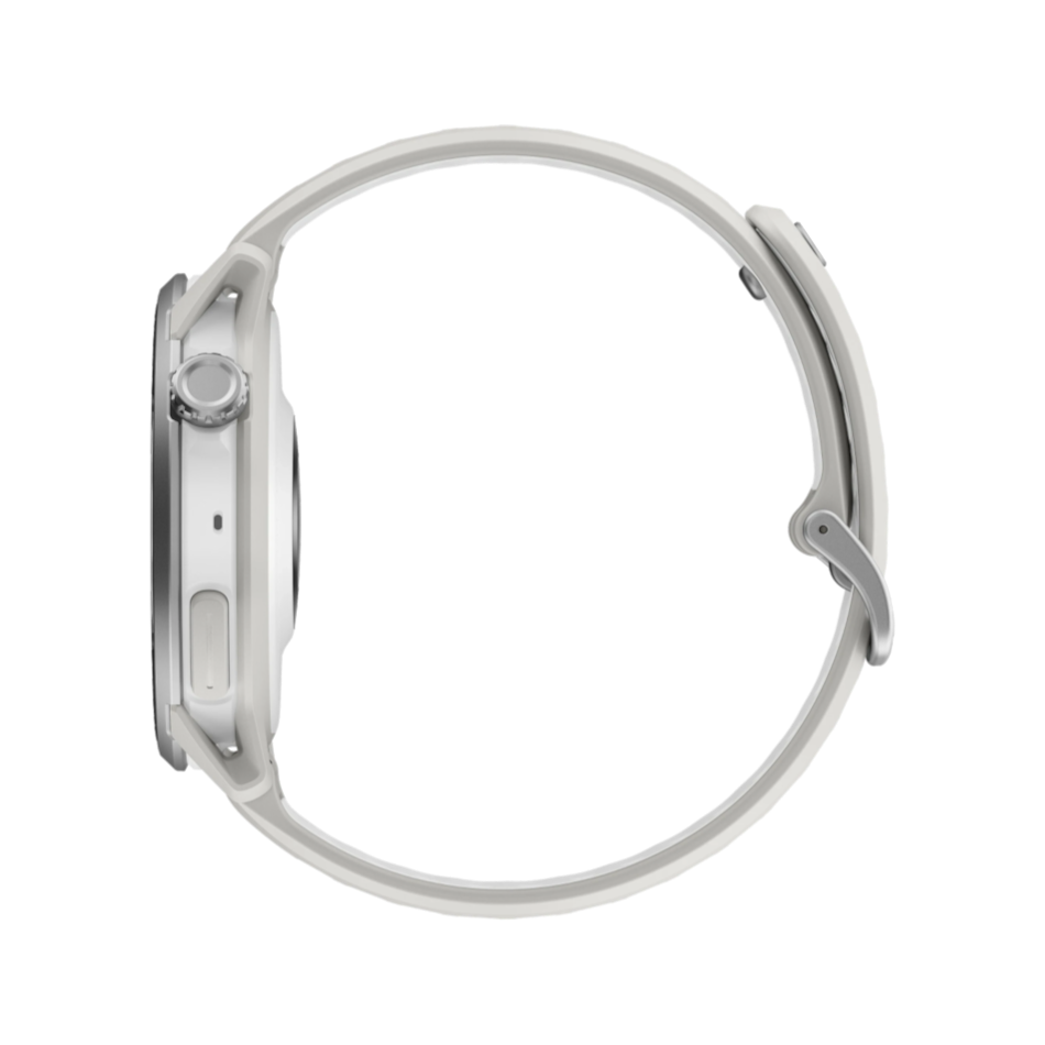Up & Running Coros Pace 4 Pro GPS sport watch in white, side profile view showing the digital dial and strap