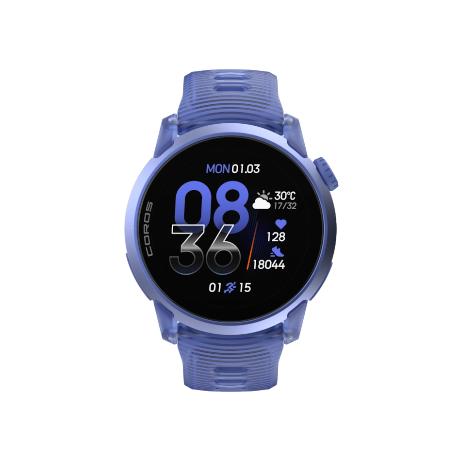 Up & Running Coros Pace 4 GPS sport watch in ultraviolet with a translucent case and digital AMOLED touchscreen face.