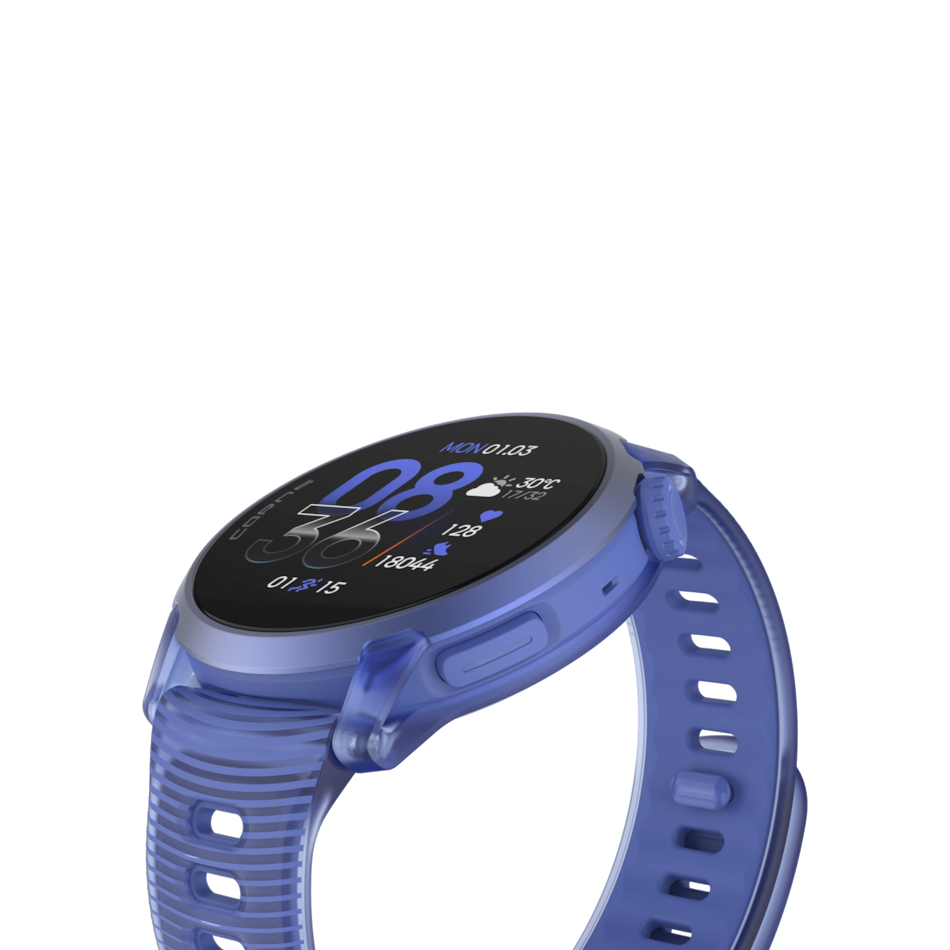 Up & Running Coros Pace 4 GPS sport watch in ultraviolet with a translucent lug design and AMOLED touchscreen display