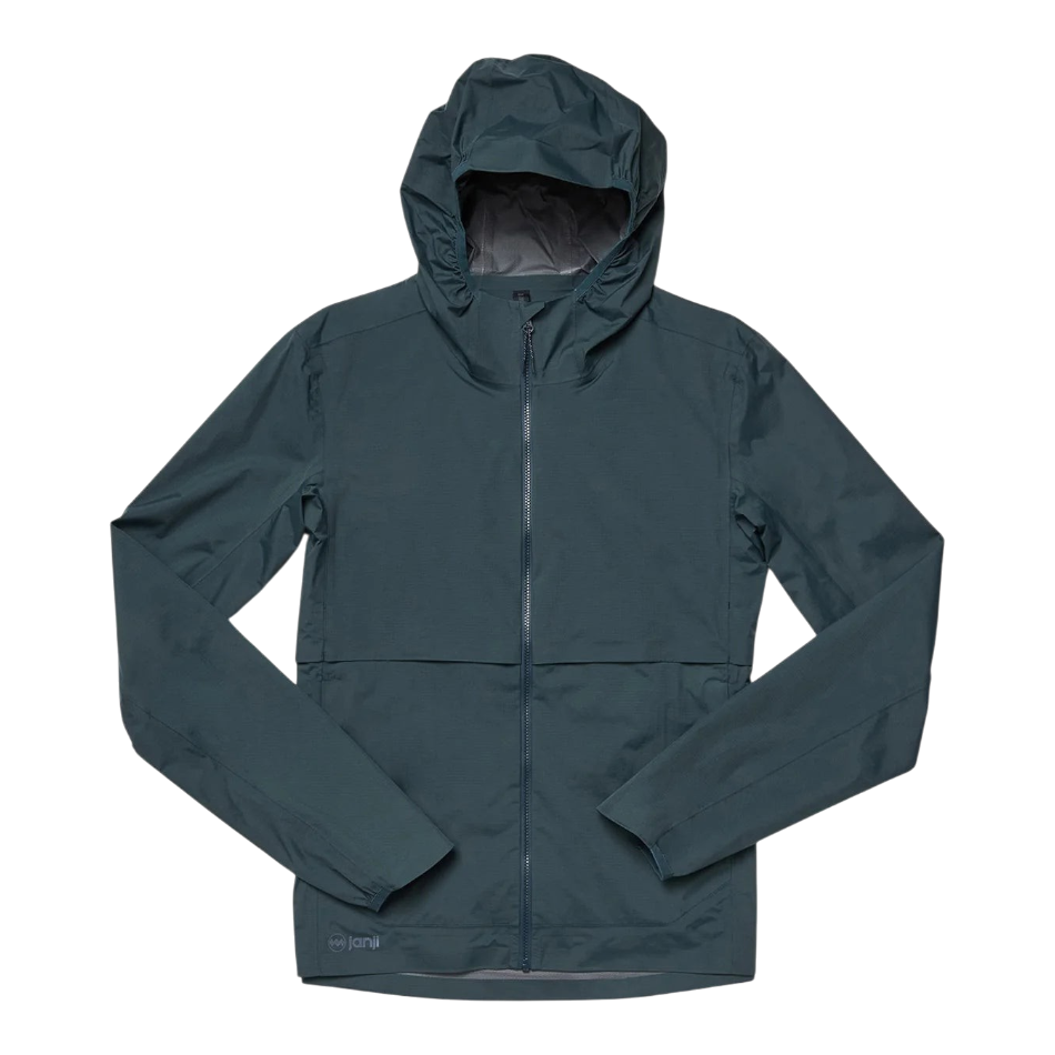Up & Running Janji Men's Rainrunner Pack Jacket in Atlantis, a waterproof hooded running shell with a zip front.