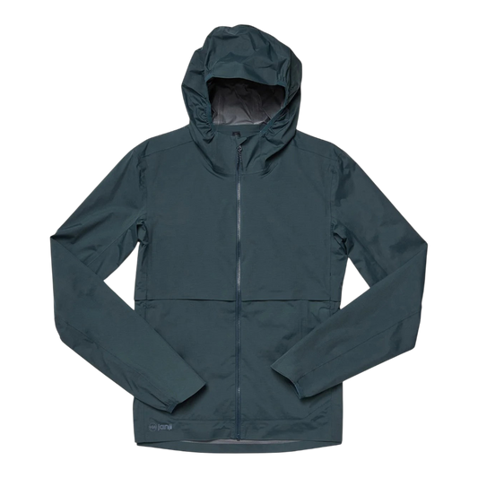 Up & Running Janji Men's Rainrunner Pack Jacket in Atlantis, a waterproof hooded running shell with a zip front.