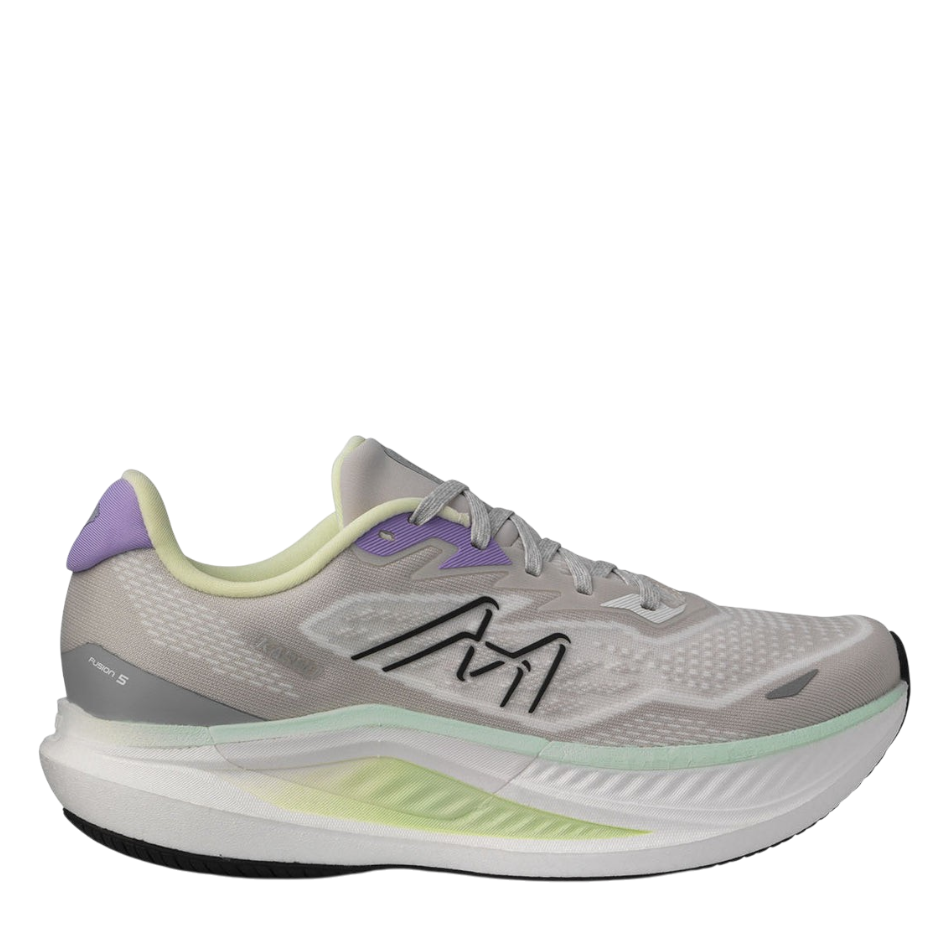 Up & Running Karhu Women's Fusion 5.0 running shoes in Antarctica grey and lime cream with IdealKnit mesh upper.