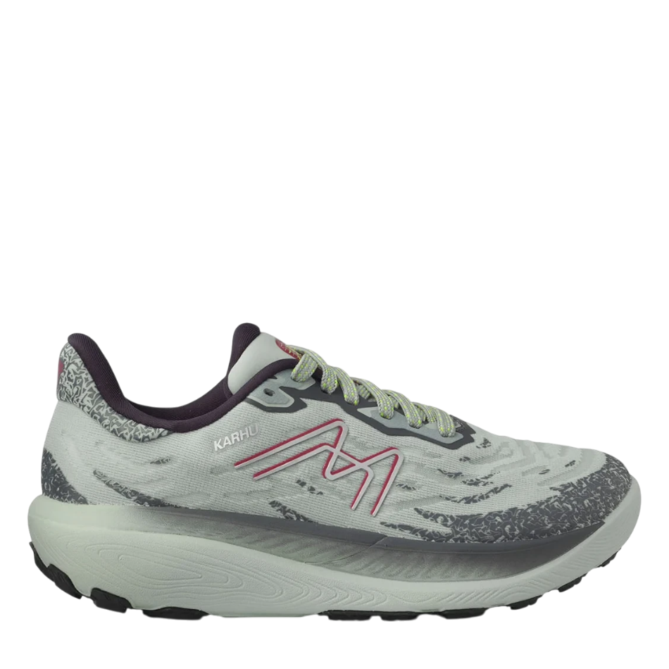 Up & Running Karhu Women's Ikoni ATR WR running shoes in puritan grey and anemone with a rugged trail outsole.
