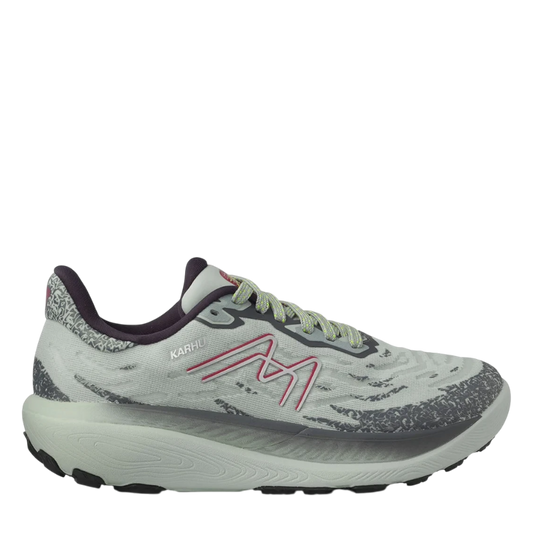 Up & Running Karhu Women's Ikoni ATR WR running shoes in puritan grey and anemone with a rugged trail outsole.