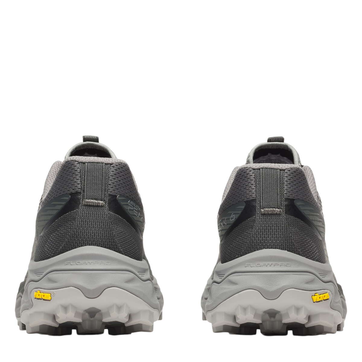 Rear view of Up & Running Merrell Women's Peak Agility 6 trail running shoes in black with grey Vibram outsoles