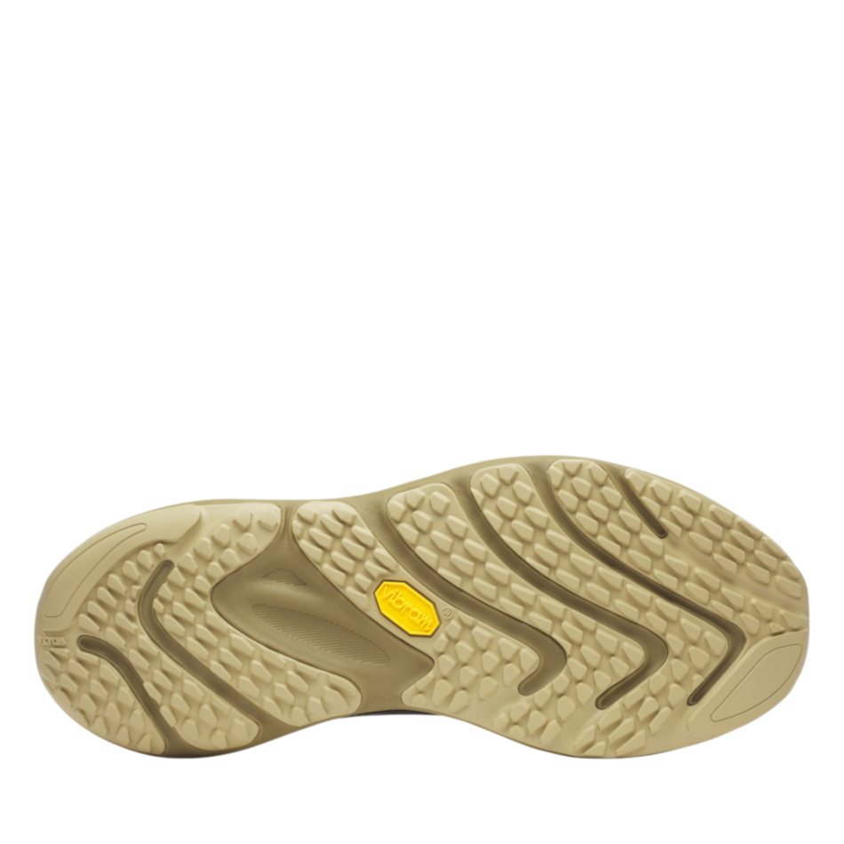 Up & Running Merrell Men's ProMorph trail running shoe sole in beluga tan with yellow Vibram traction grip