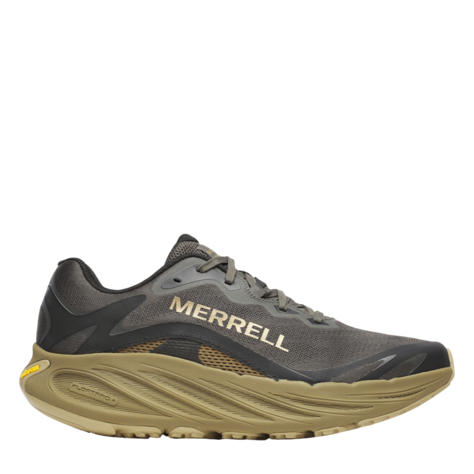Up & Running Merrell Men's ProMorph trail running shoes in beluga olive green with a thick cushioned midsole.