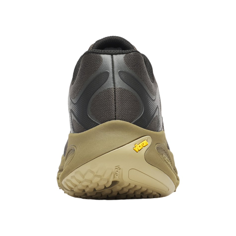 Rear view of Up & Running Merrell Men's ProMorph trail running shoes in beluga green with Vibram sole detail