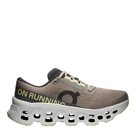 Up & Running On Women's Cloudmonster 3 running shoes in cinder and ivory with triple-layered CloudTec cushioning.