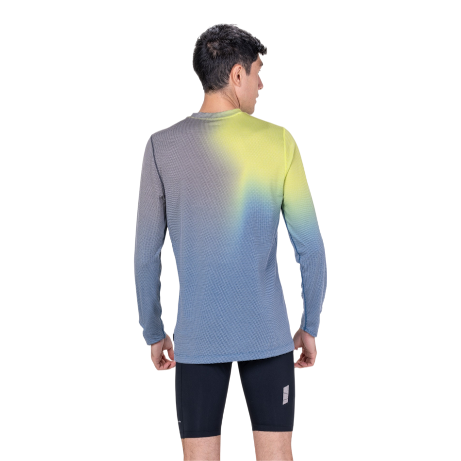 Up & Running Ronhill men's long-sleeved running tee in glacier merge yellow and blue gradient, back view
