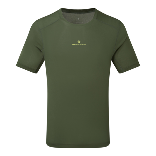 Up & Running Ronhill men's tech short-sleeved running tee in olive green with yellow logo detail