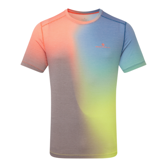 Up & Running Ronhill men's tech running t-shirt featuring a vibrant red, blue, and yellow gradient pattern.