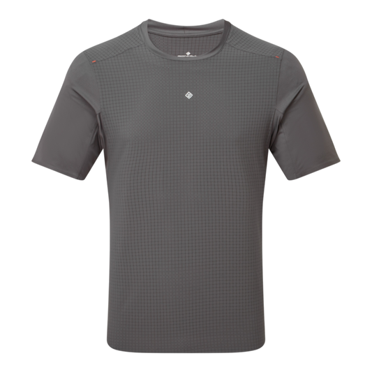 Up & Running Ronhill Tech All-Terrain short sleeved running tee in oxide grey with a grid pattern and raised neckline.