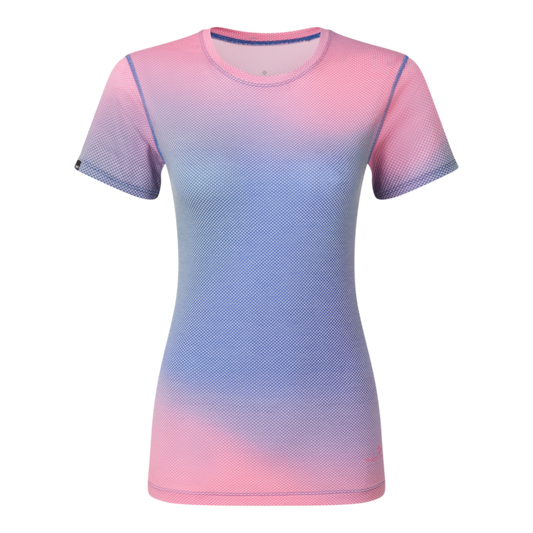 Up & Running Ronhill women's short-sleeved running tee in orchid glow pink and blue gradient Polartec cooling fabric.