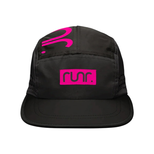 Up & Running Runr New York black technical running hat with pink logo and perforated side panels for ventilation.