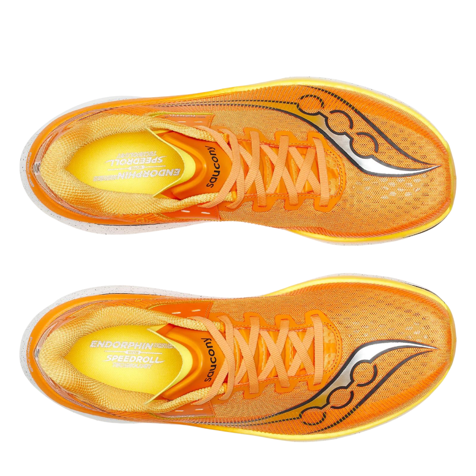Up & Running Saucony Endorphin Azura men's running shoes in bright orange with silver logo and breathable mesh upper