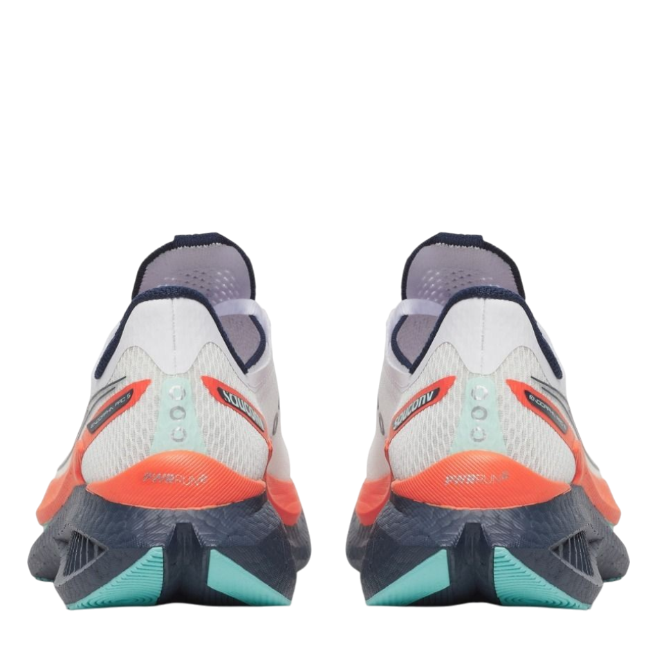 Up & Running Saucony Women's Endorphin Pro 5 running shoes in white, navy, and orange, rear view showing heel detail.