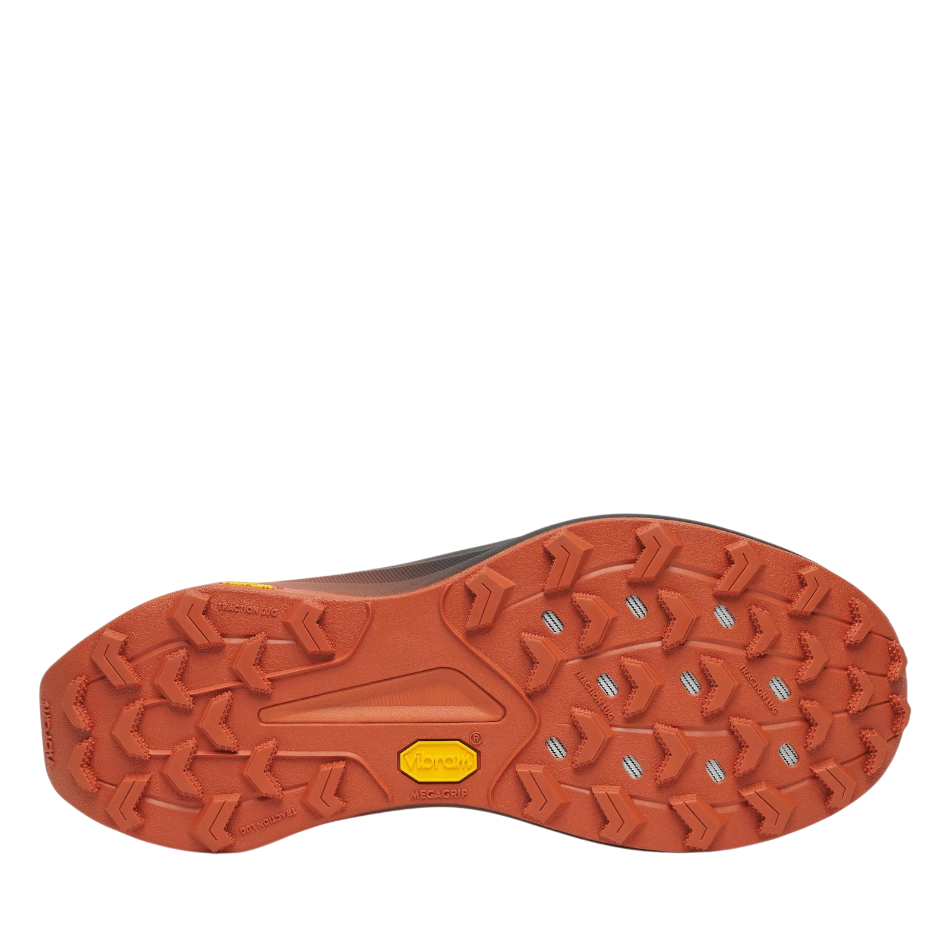 Up & Running Saucony Peregrine 16 trail running shoe showing the rust orange Vibram Megagrip lugged outsole