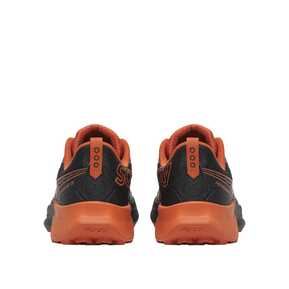 Up & Running Saucony Peregrine 16 trail running shoes in black and rust with Vibram Megagrip outsoles, rear view.