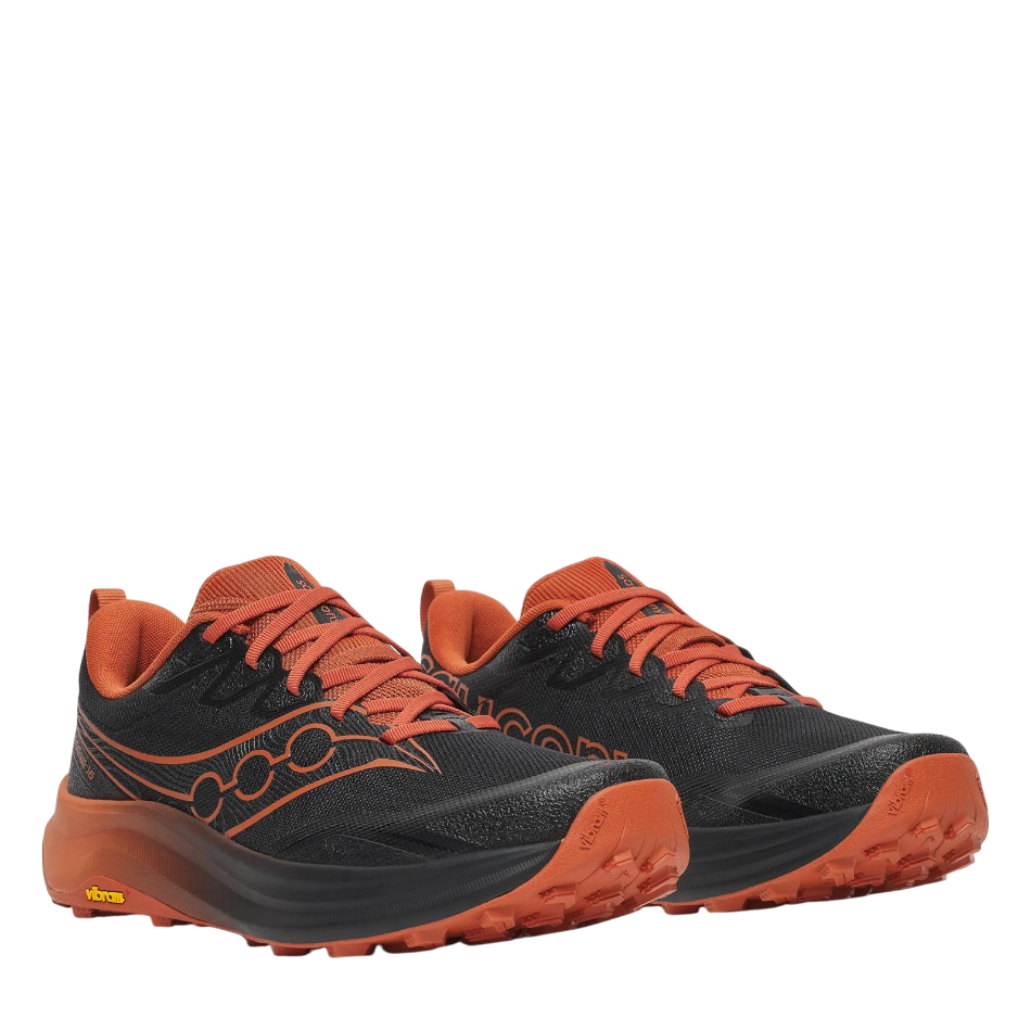 Up & Running Saucony Peregrine 16 trail running shoes in black and rust with Vibram Megagrip outsoles.