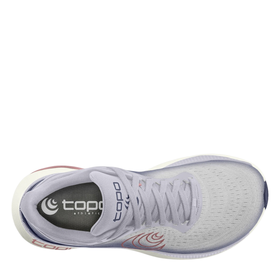 Up & Running Topo Women's Aura running shoes in lilac and purple with a breathable mesh upper and top-down view.